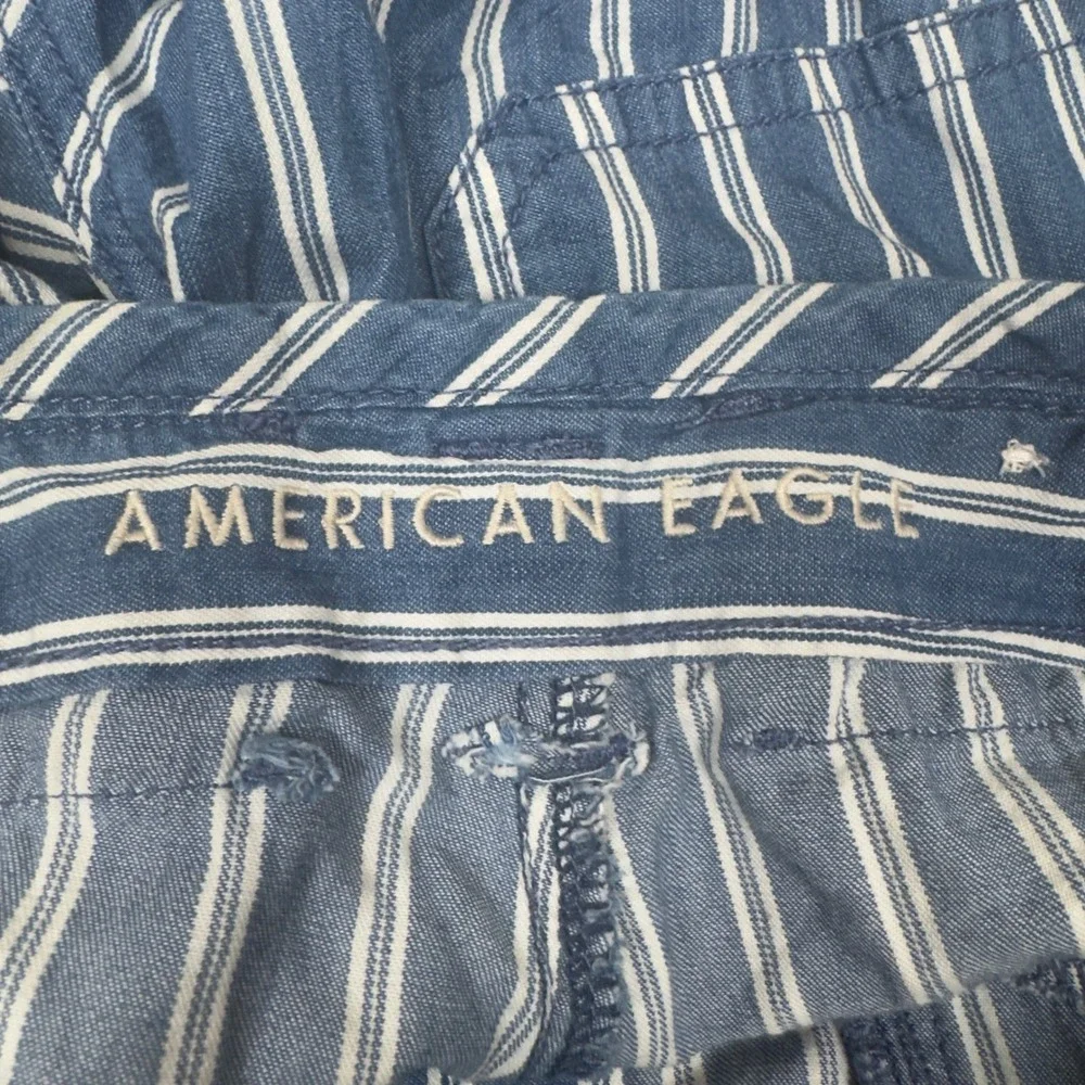 American Eagle Wide Leg Pants 6 Blue White Striped Cotton Tie Waist High Rise - Picture 4 of 10